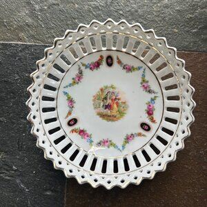 Vintage German Porcelain Decorative Plate With Victorian Scene & Floral Design